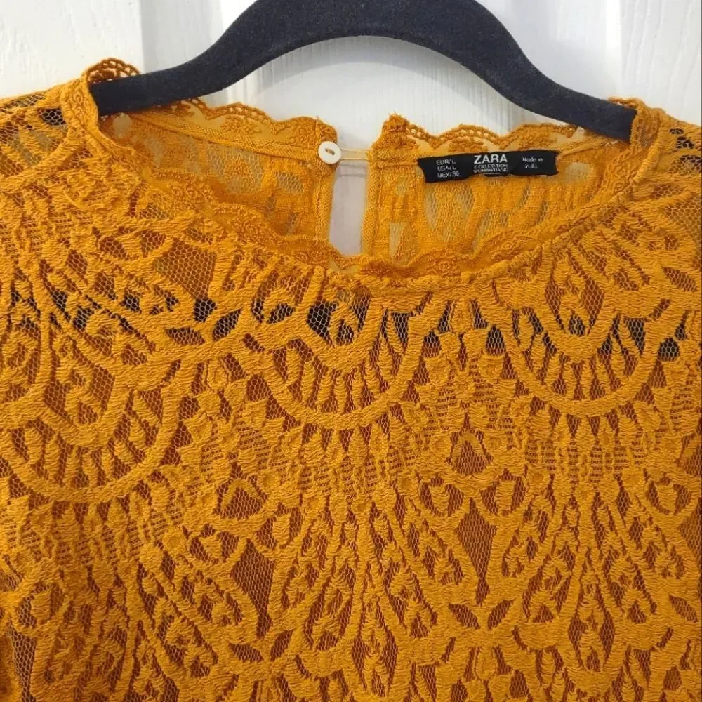 Zara Mustard Yellow Vintage Style Sheer Lace Blouse Size L